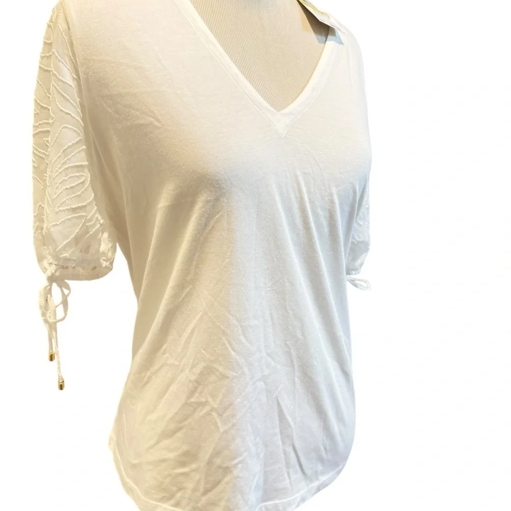 Michael Kors White V-Neck Blouse with Tie Sleeves